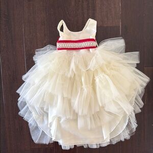 Special Occasion Custom Cream Tulle High Low Dress with Red Belt and Bow!